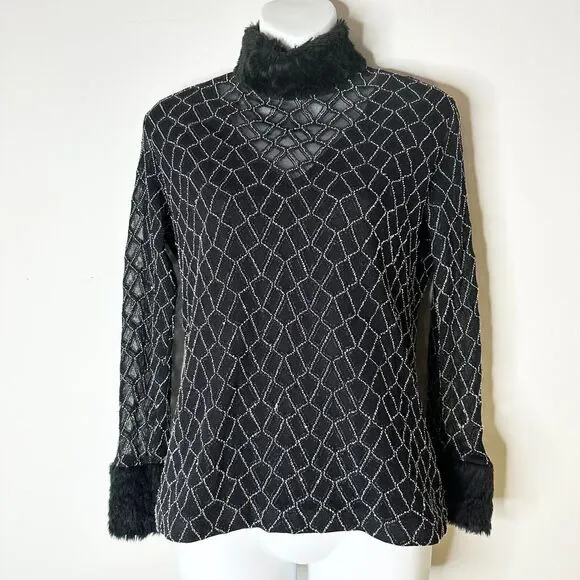 NESS Top Women L Black Silver Faux Fur Trimmed Turtleneck Sheer Regency Glam - Picture 1 of 8